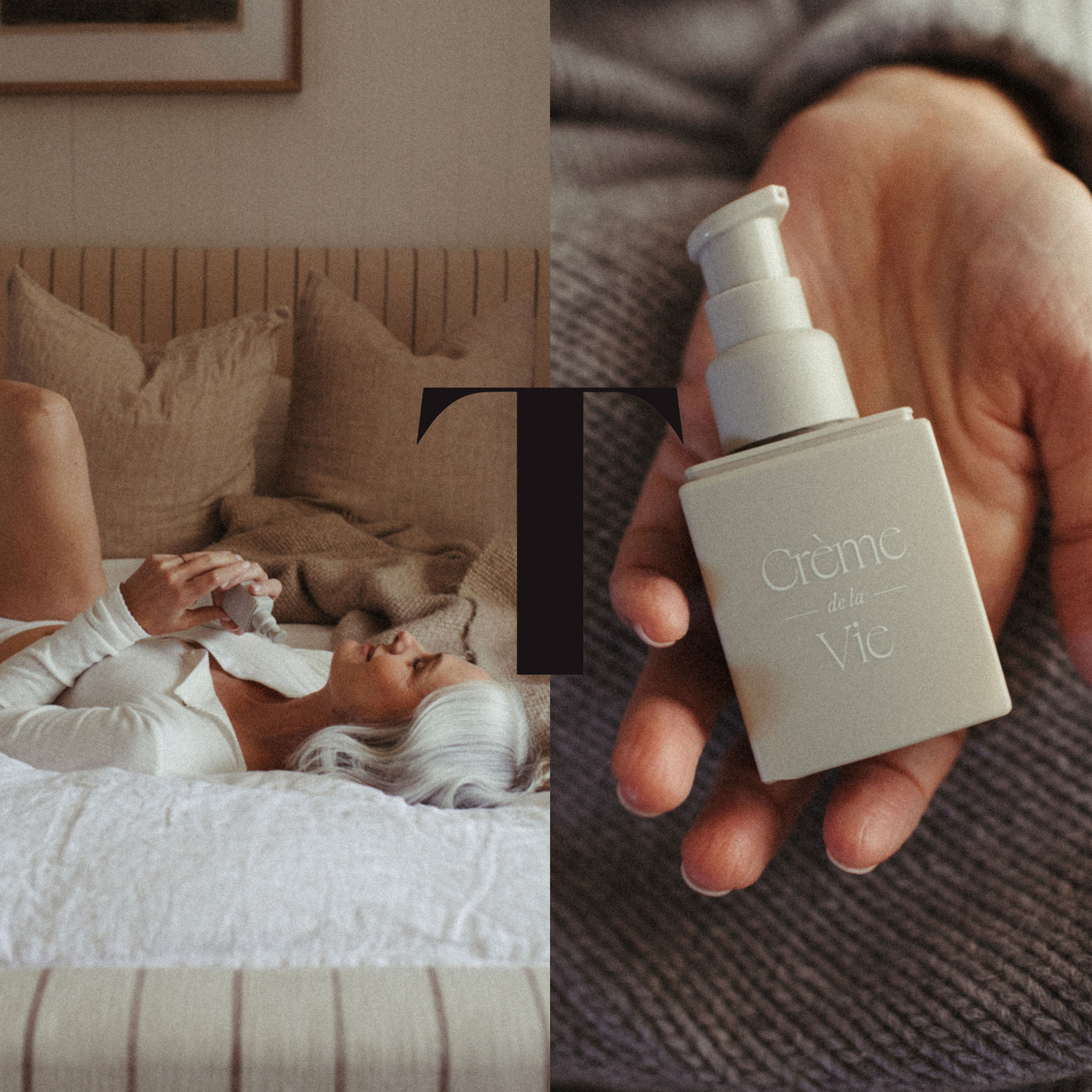 A woman holding creme de la vie on her bed, with the Tabu T icon in the middle.